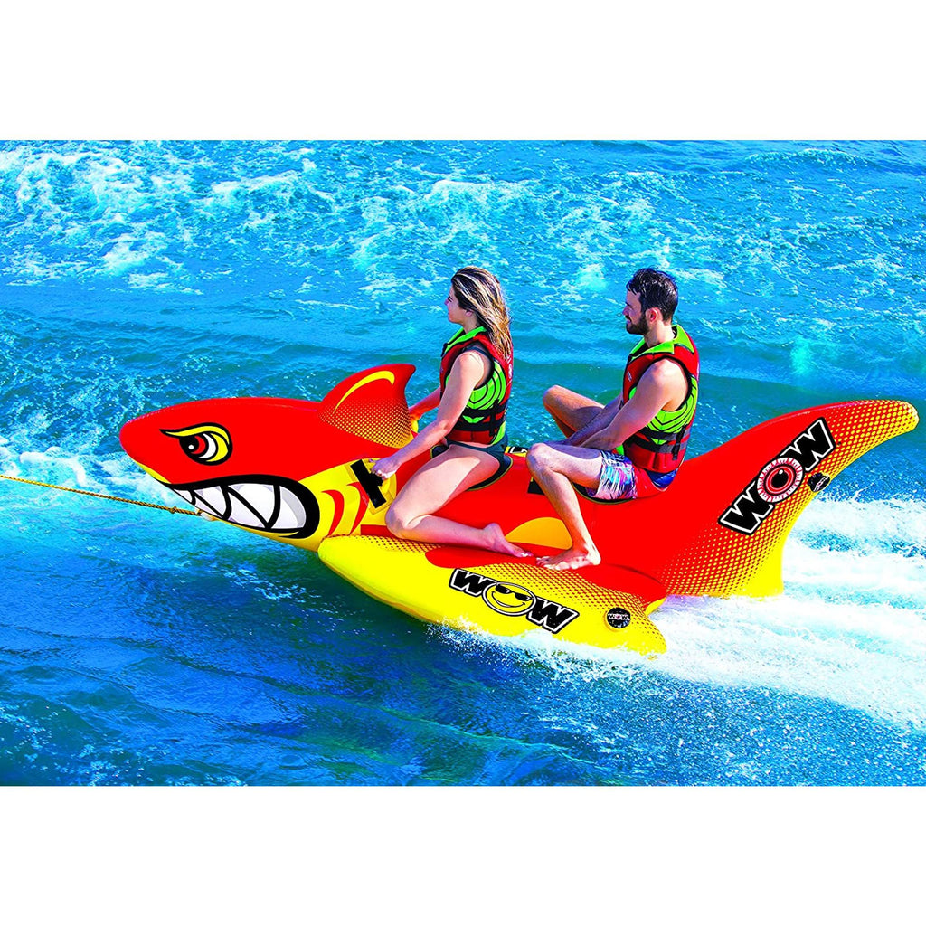 WOW Watersports Inflatable 2 Person Big Shark Towable Boating Tube with Handles and Cyclone Spinner Towable Rotating Boating