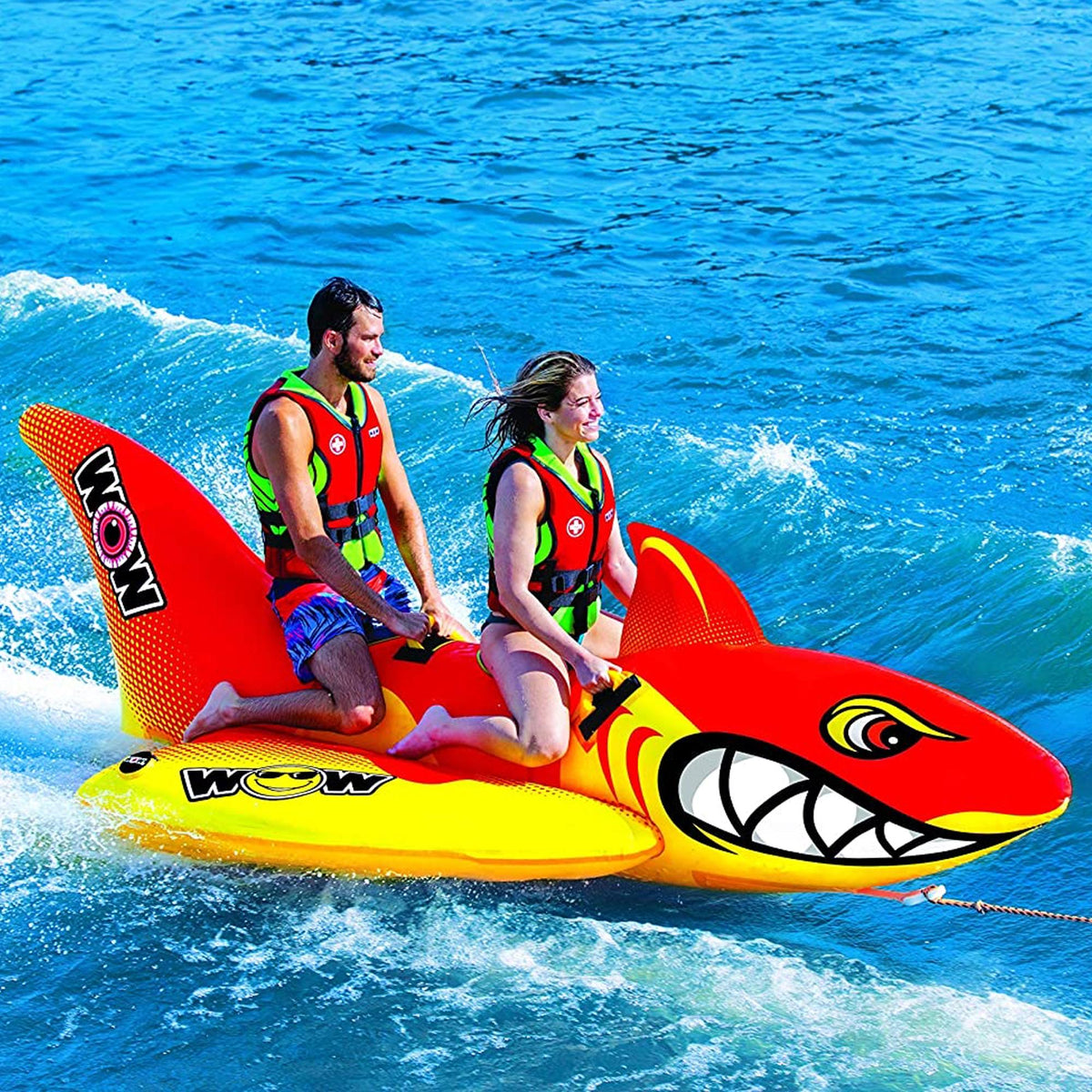 WOW Watersports Inflatable 2 Person Big Shark Towable Boating Tube with Handles and Cyclone Spinner Towable Rotating Boating