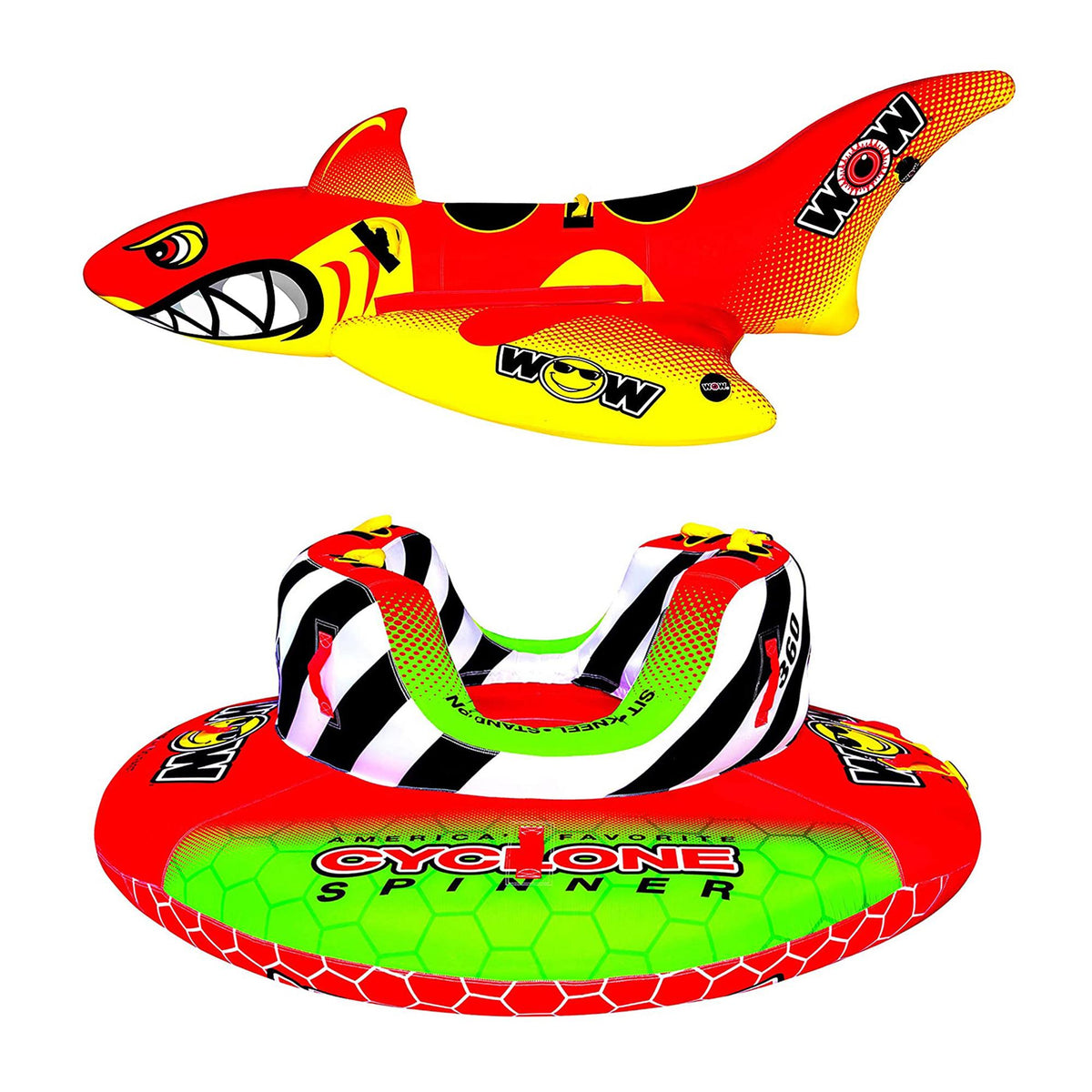 WOW Watersports Inflatable 2 Person Big Shark Towable Boating Tube with Handles and Cyclone Spinner Towable Rotating Boating