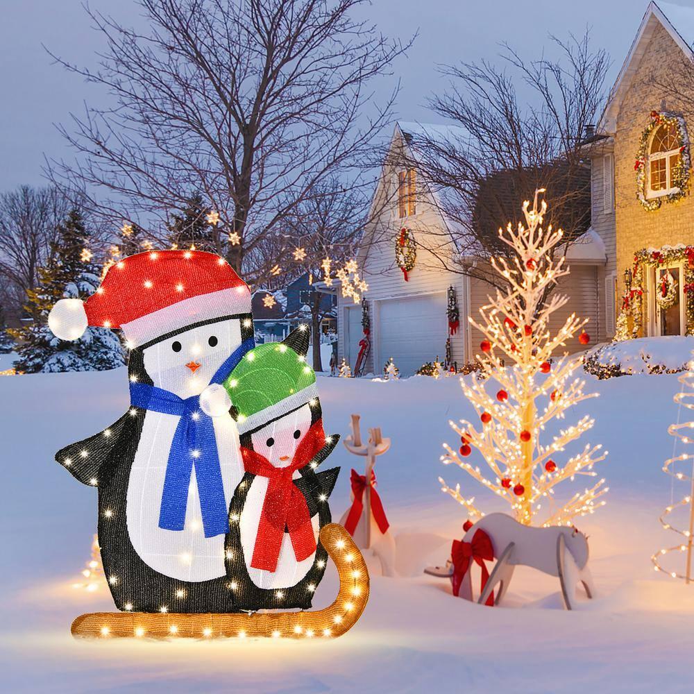 44 in. Lighted Standing Penguins Artificial Christmas Decoration Pre-Lit 80 LED Bulbs
