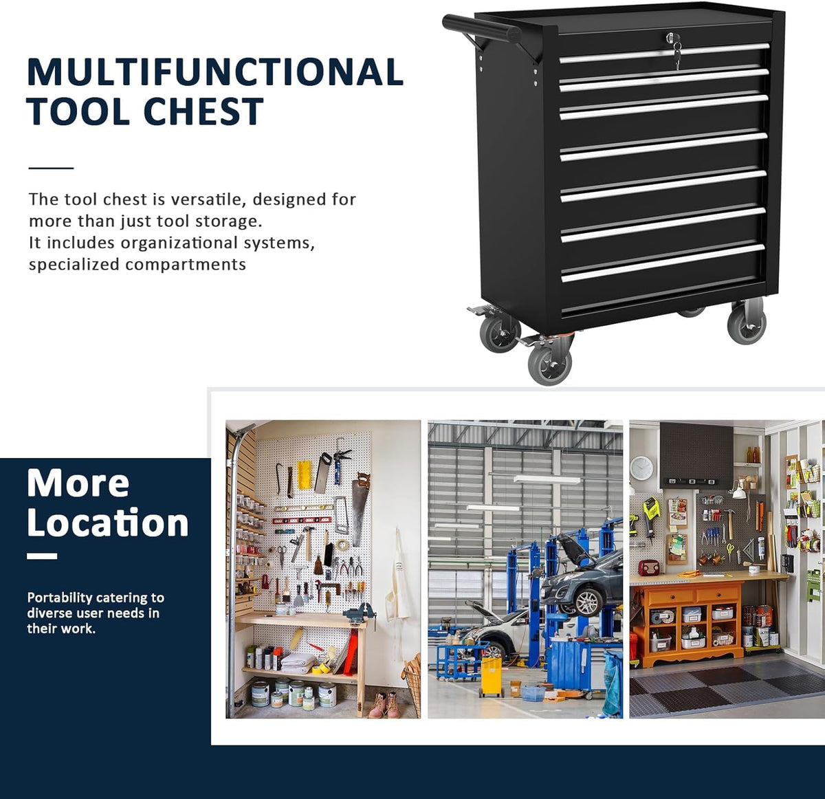 7-Drawer Metal Rolling Tool Chest with Wheels,Tool StoraCabinet with LocSystem，Toolbox with Wheels for Garage,Workshop, Repair Shop(Black, 7-Drawer)