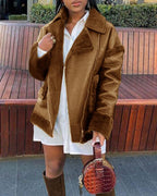zipper front fuzzy detail pu leather puffer coat