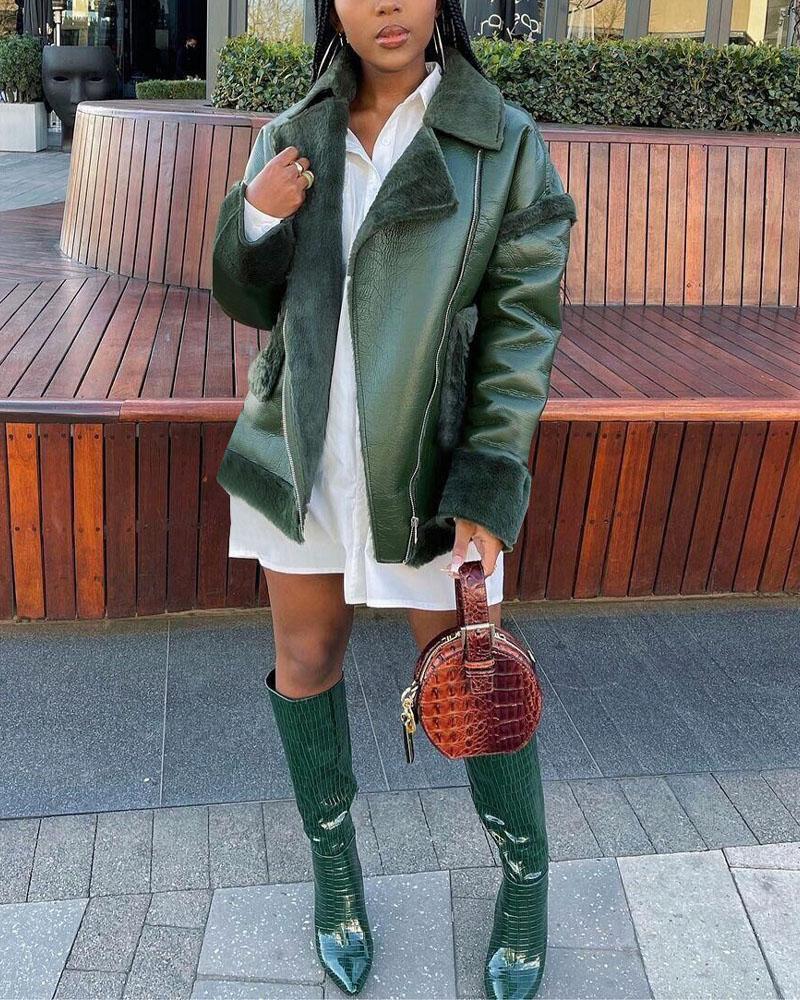 zipper front fuzzy detail pu leather puffer coat