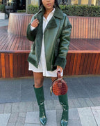 zipper front fuzzy detail pu leather puffer coat