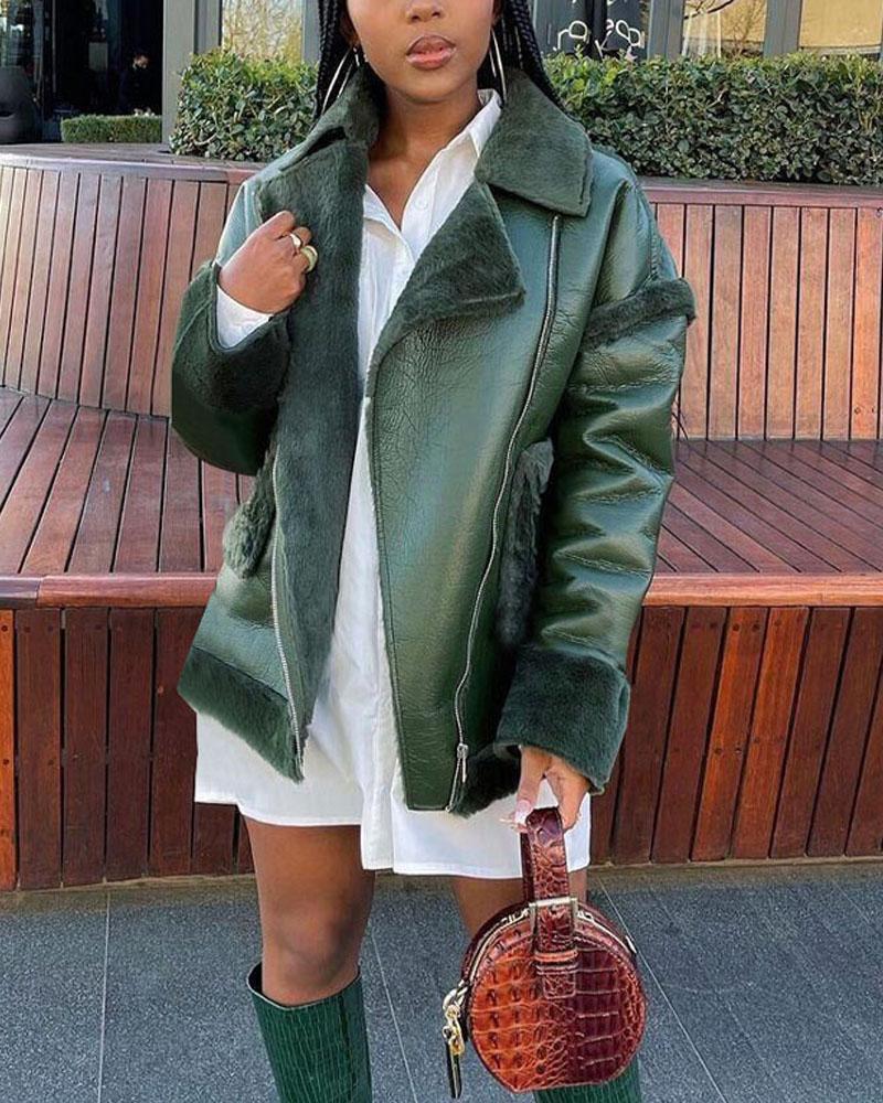zipper front fuzzy detail pu leather puffer coat