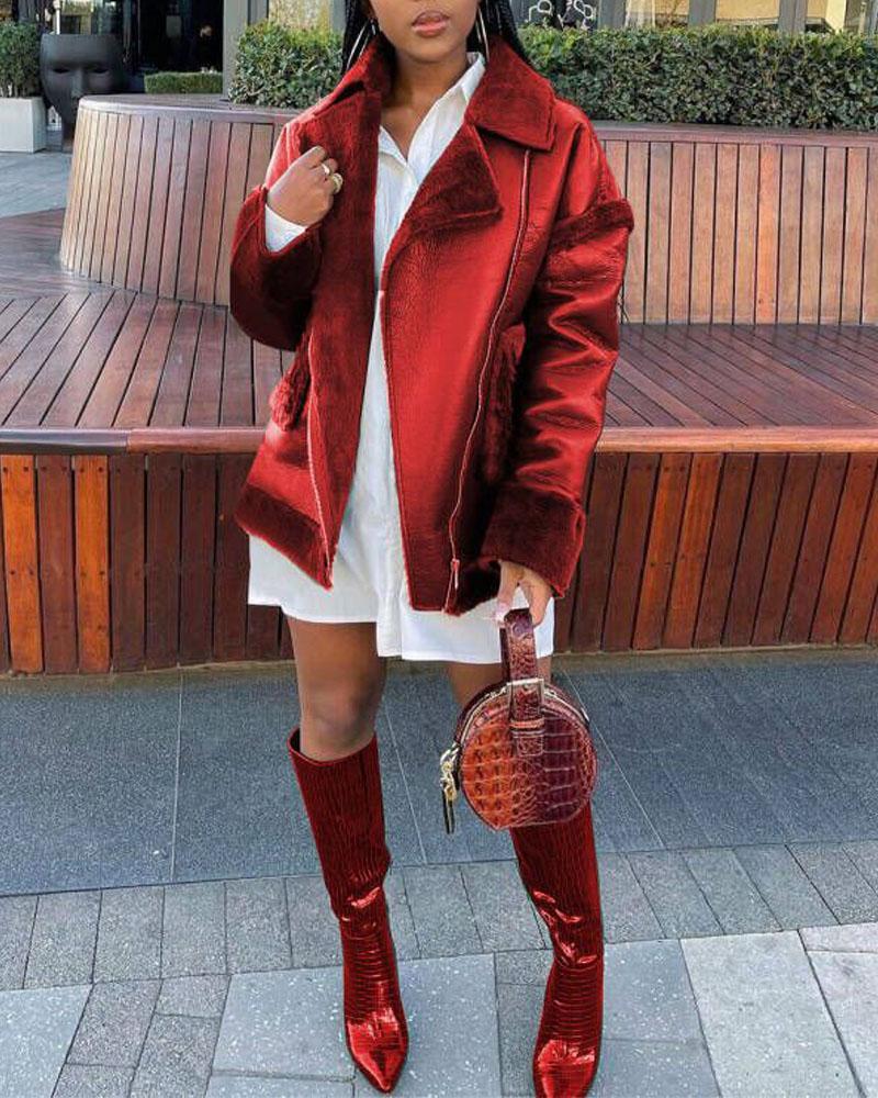 zipper front fuzzy detail pu leather puffer coat