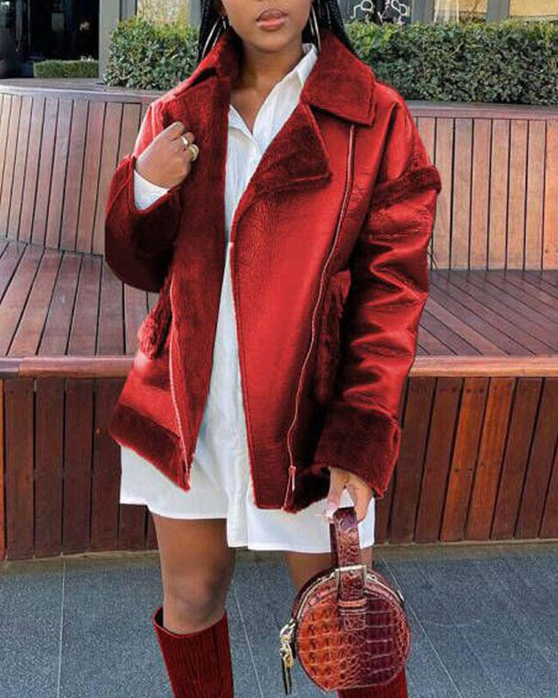 zipper front fuzzy detail pu leather puffer coat