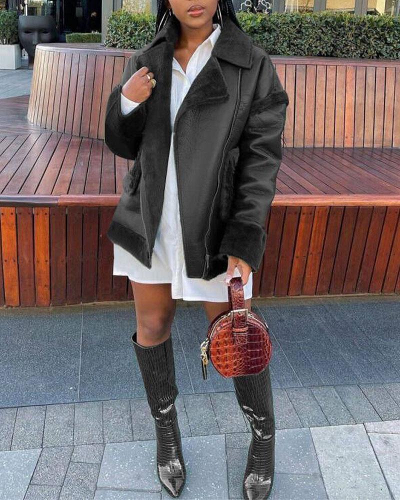 zipper front fuzzy detail pu leather puffer coat
