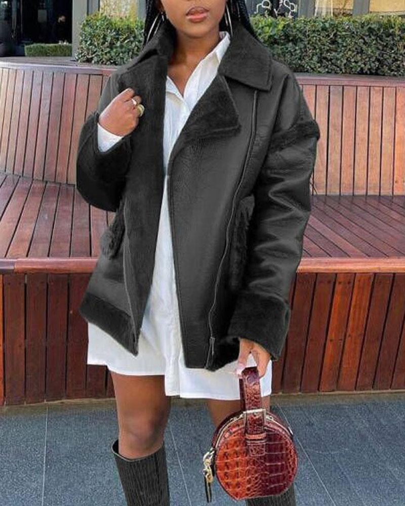 zipper front fuzzy detail pu leather puffer coat