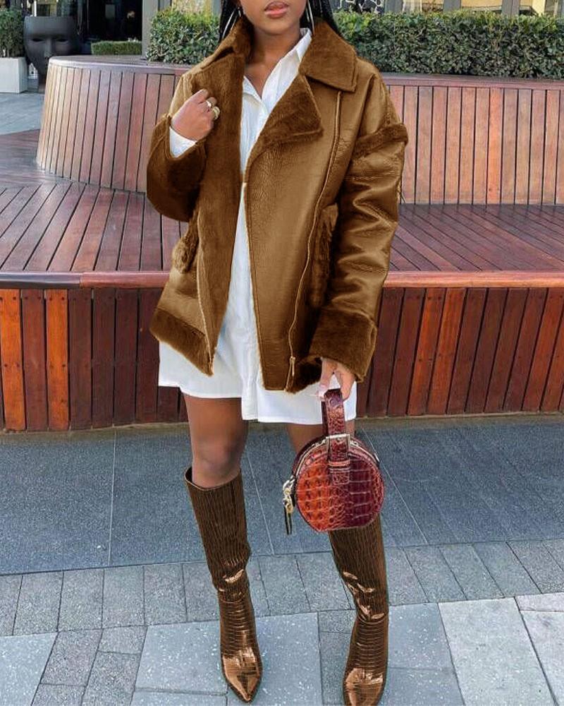 zipper front fuzzy detail pu leather puffer coat