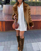 zipper front fuzzy detail pu leather puffer coat
