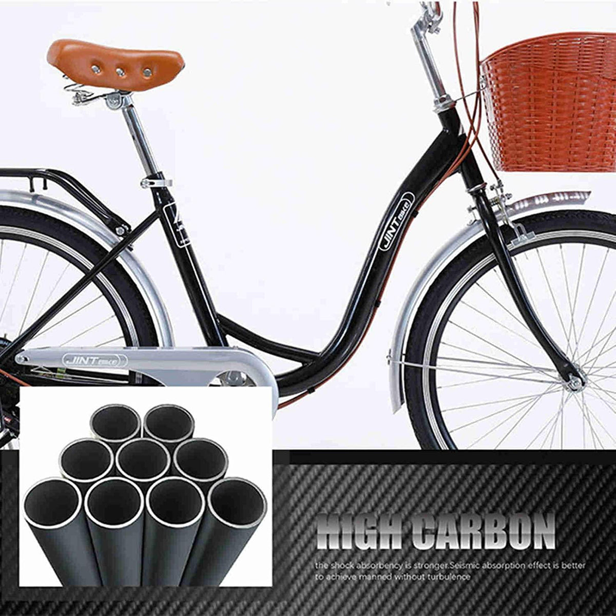 YAPENG 24/26 Inch Beach Cruiser Bike, 7-Speed Comfortable Commuter Bicycle, High-Carbon Steel Frame, Front Basket, Rear Racks Adults Classic Retro Bicycles