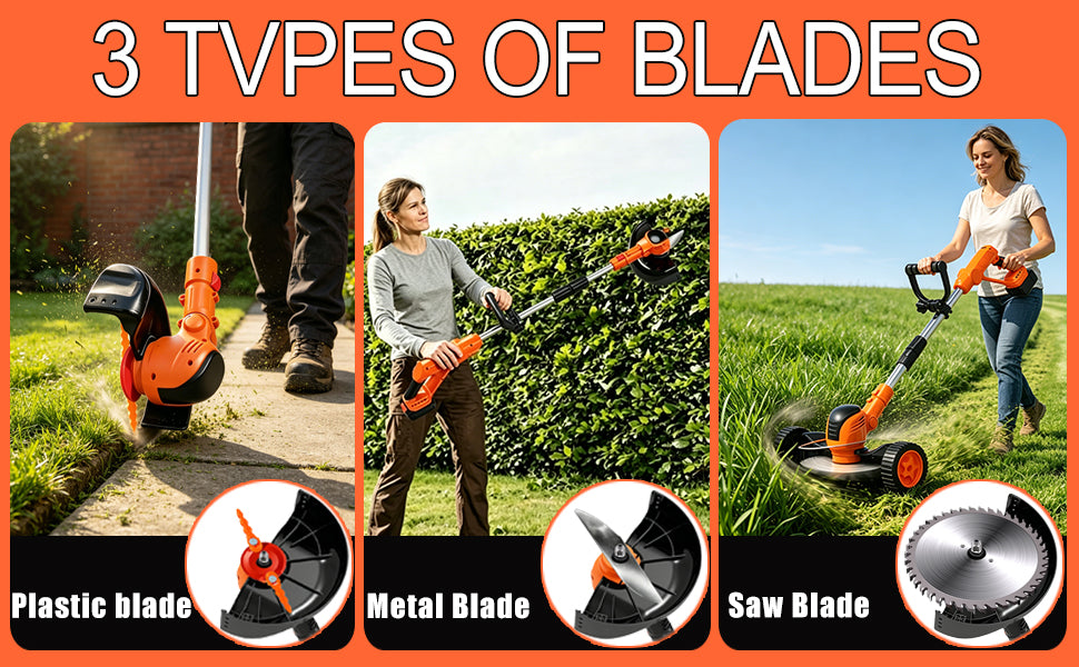 Cordles Weed Wacker, 21V Electric Weed Eater Battery Powered, No String Trimmer with Wheels &amp; Metal Blades, Lightweight Grass Trimmer/Lawn Edger/Brush Cutter, Stringless Weed Trimmer for Yard Garden