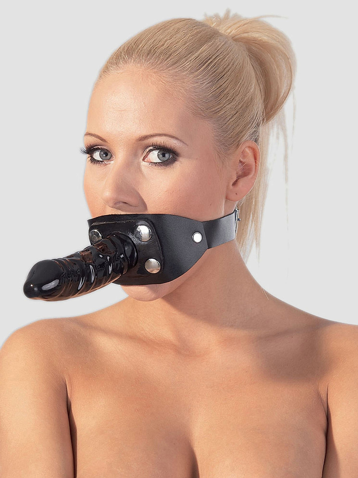 Zado Leather Mouth Gag 5.5 Inch Dildo Harness, Black