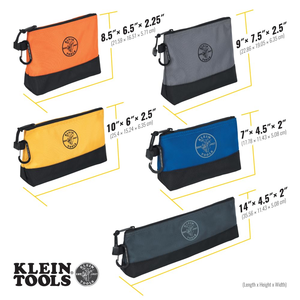 55569 Stand-Up Zipper Bag Tool Pouch with Carabiners, Reinforced Gusseted Bottoms, Water Resistant 1680d, Multi-Size 5-Pack