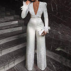 Women's Fashionable Silver White Glittering Silver Feather High Yo Jumpsuit