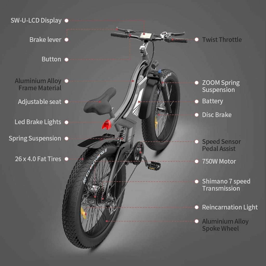 AOSTIRMOTOR Electric Mountain Bike, 750W Motor&amp;48v 15ah Removable Lithium Battery, 26 ''4.0 Inch Fat Tire Ebike, Electric Bicycle for Adults