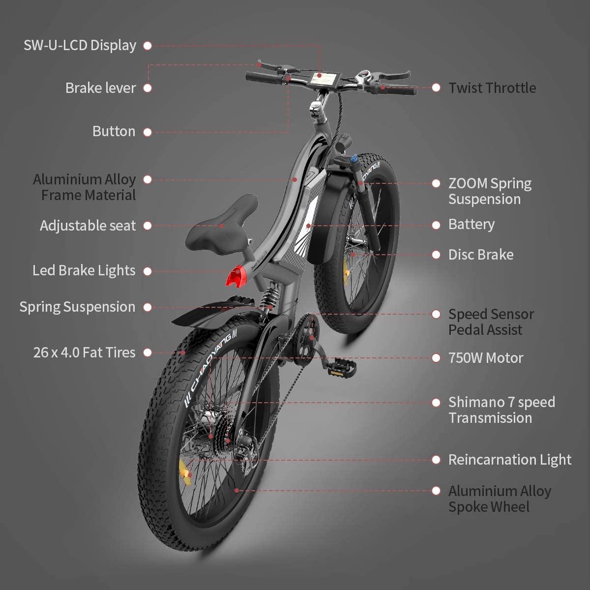 AOSTIRMOTOR Electric Mountain Bike, 750W Motor&amp;48v 15ah Removable Lithium Battery, 26 ''4.0 Inch Fat Tire Ebike, Electric Bicycle for Adults
