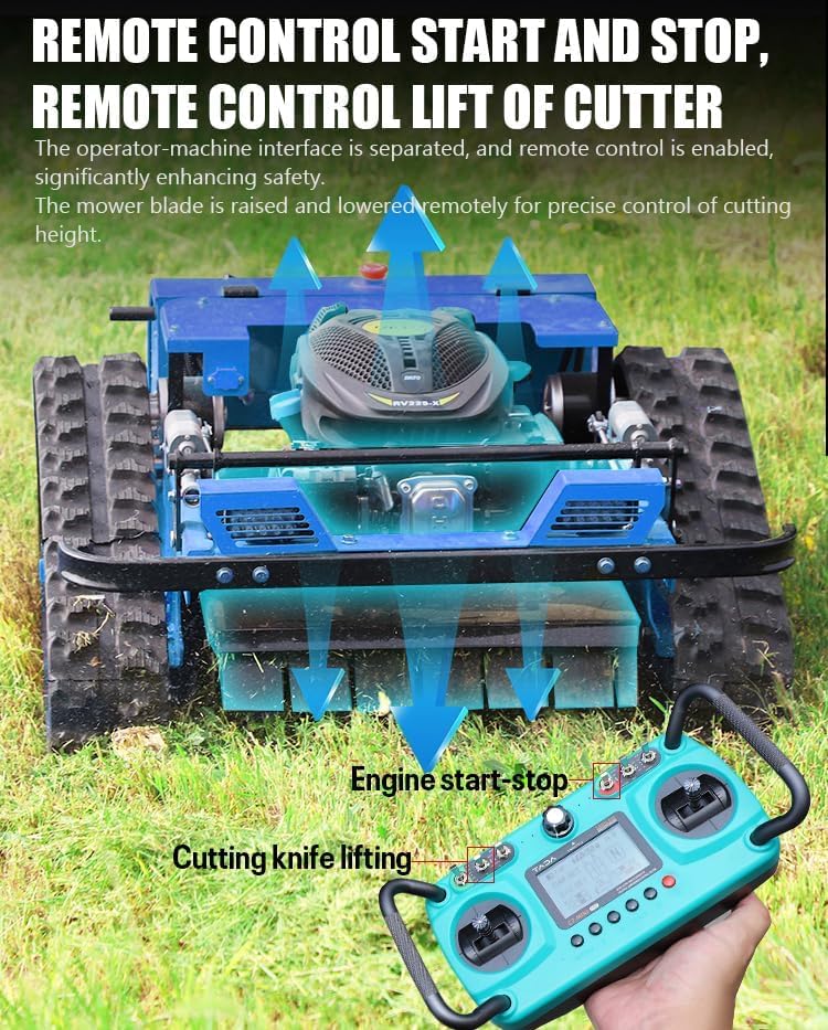 Remote Control Lawn Mower, Crawler Track All-Terrain System, Hybrid Oil-Electric Power for Steep Slopes and LarLawns, Adjustable Cutting Height