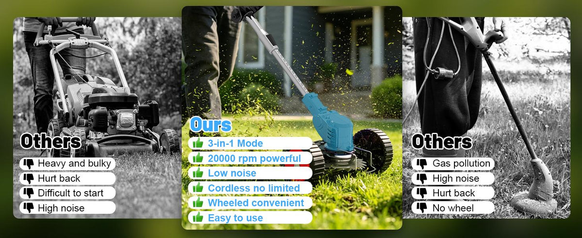 21V Electric Weed Wacker Cordless Weed Eater Battery Powered, String Trimmer Battery Operated, Lightweight 4 in 1 Grass Trimmer/Brush Cutter/Lawn Edger/Mower with Metal Blades &amp; Wheels for Garden Yard