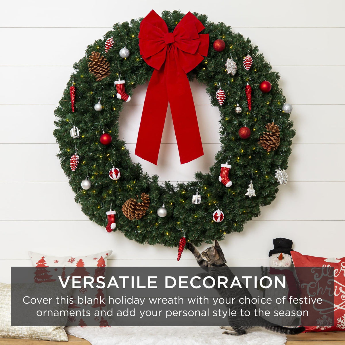 48in Artificial Pre-Lit Fir Christmas Wreath Decoration w/ 200 LED Lights, 714 Tips, Power Plug-In