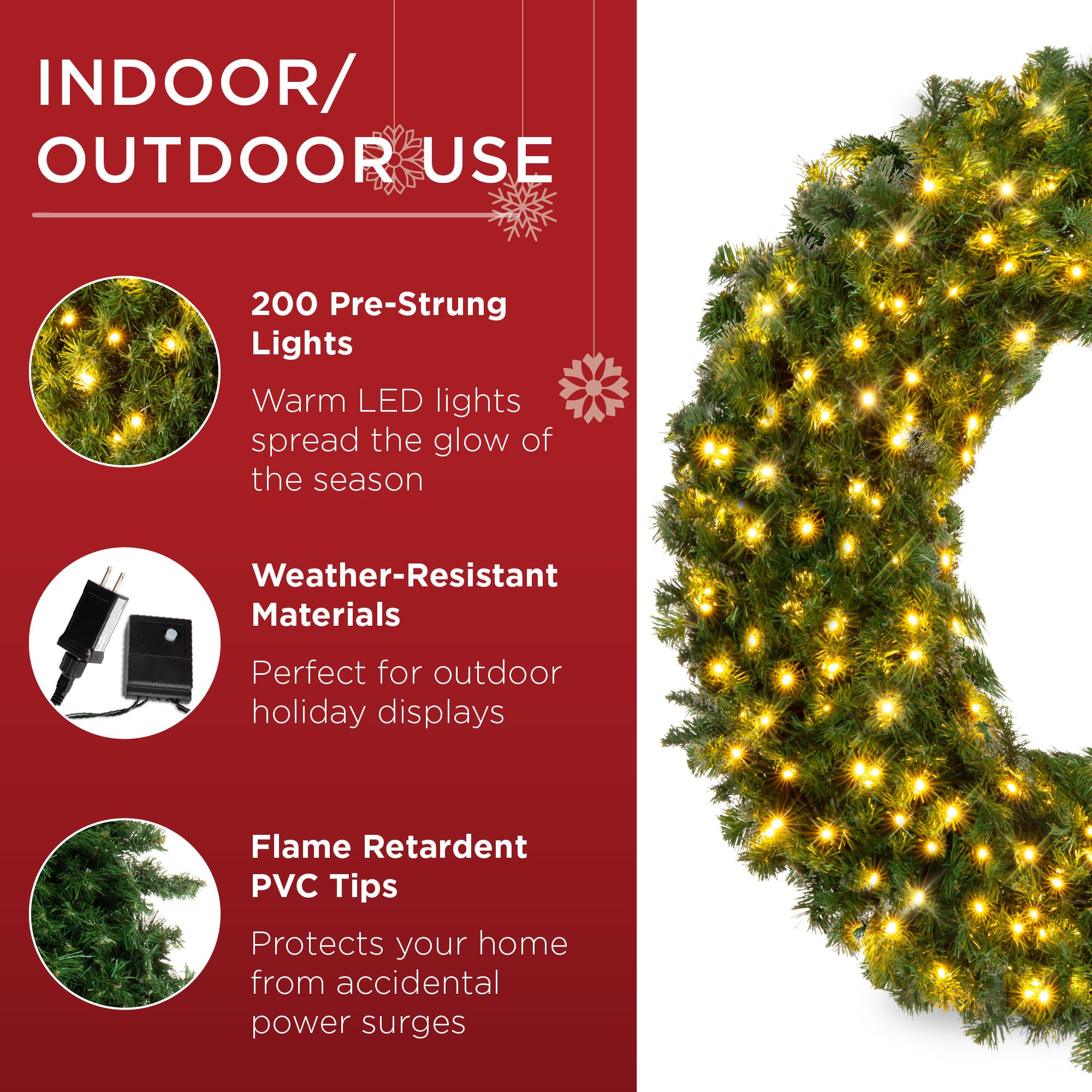 48in Artificial Pre-Lit Fir Christmas Wreath Decoration w/ 200 LED Lights, 714 Tips, Power Plug-In