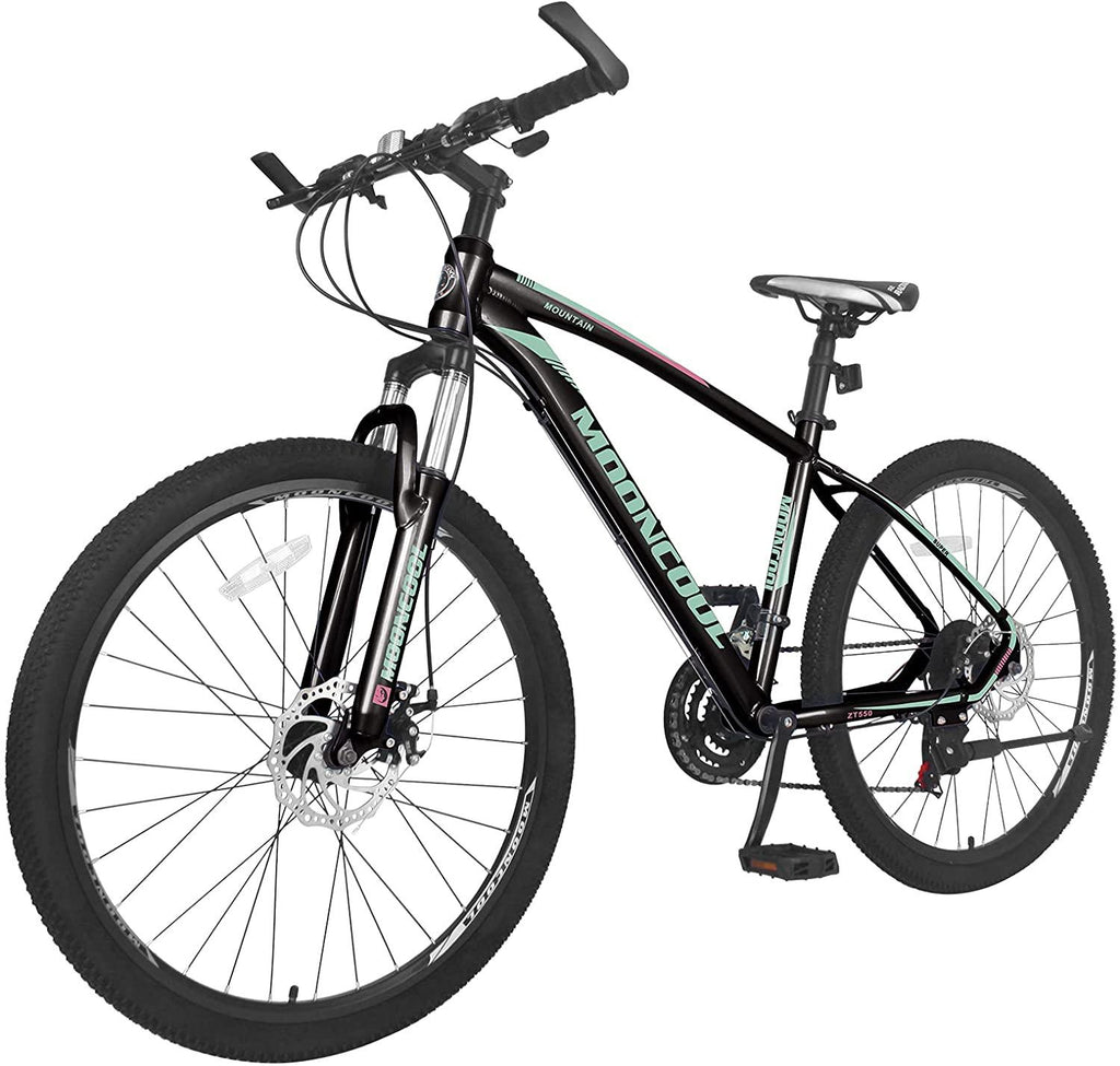 MOONCOOL Mountain Bike Road Bicycle Black with Pink, 26 inch Wheels 21 Speed Bike, Aluminum Frame  Derailleur MTB Bike Double Disc Brake Suspension Fork Bicycle for Mens Womens Adults