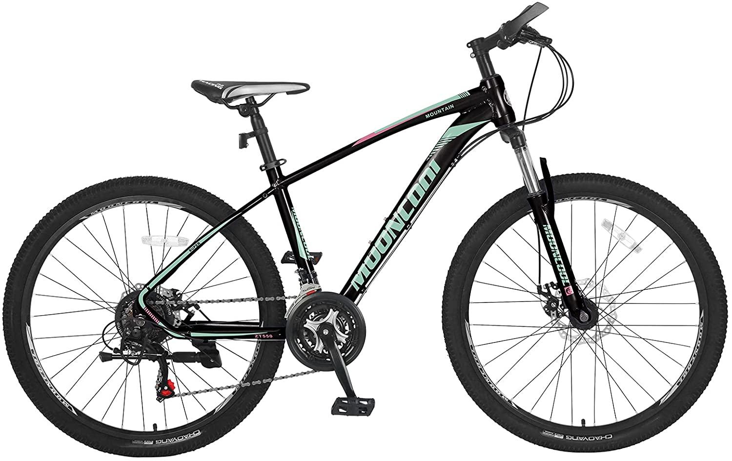MOONCOOL Mountain Bike Road Bicycle Black with Pink, 26 inch Wheels 21 Speed Bike, Aluminum Frame  Derailleur MTB Bike Double Disc Brake Suspension Fork Bicycle for Mens Womens Adults