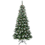 Costway 7 ft Snow Flocked Artificial Christmas Hinged Tree w/ Pine Needles &amp; Red Berries
