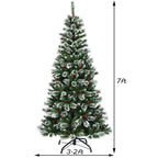 Costway 7 ft Snow Flocked Artificial Christmas Hinged Tree w/ Pine Needles &amp; Red Berries