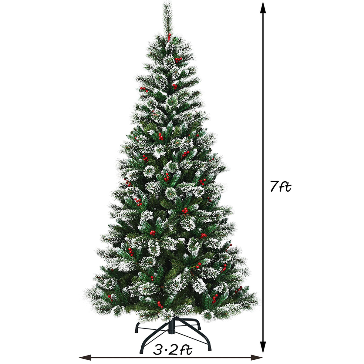 Costway 7 ft Snow Flocked Artificial Christmas Hinged Tree w/ Pine Needles &amp; Red Berries