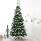 Costway 7 ft Snow Flocked Artificial Christmas Hinged Tree w/ Pine Needles &amp; Red Berries