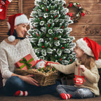 Costway 7 ft Snow Flocked Artificial Christmas Hinged Tree w/ Pine Needles &amp; Red Berries