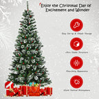 Costway 7 ft Snow Flocked Artificial Christmas Hinged Tree w/ Pine Needles &amp; Red Berries