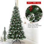 Costway 7 ft Snow Flocked Artificial Christmas Hinged Tree w/ Pine Needles &amp; Red Berries