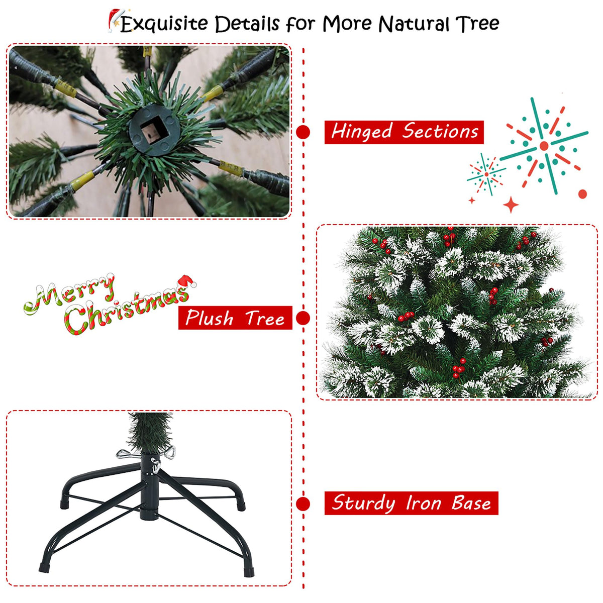 Costway 7 ft Snow Flocked Artificial Christmas Hinged Tree w/ Pine Needles &amp; Red Berries
