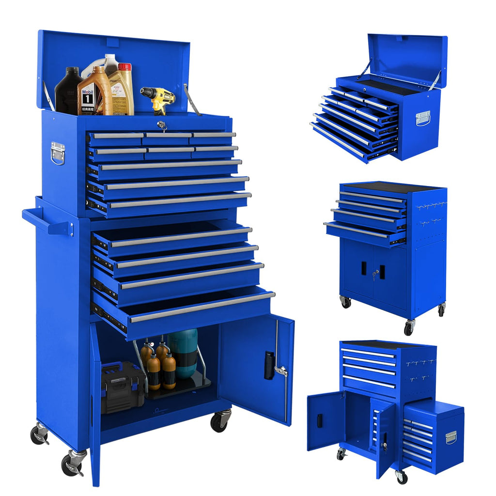 13-Drawer Rolling Tool Chest with Double Doors, 2 in 1 Detachable Rolling Tool Chest Combo, Mobile Tool Cabinet with Drawers, Metal LarLockable Tool Box for GaraWorkshop (Blue)