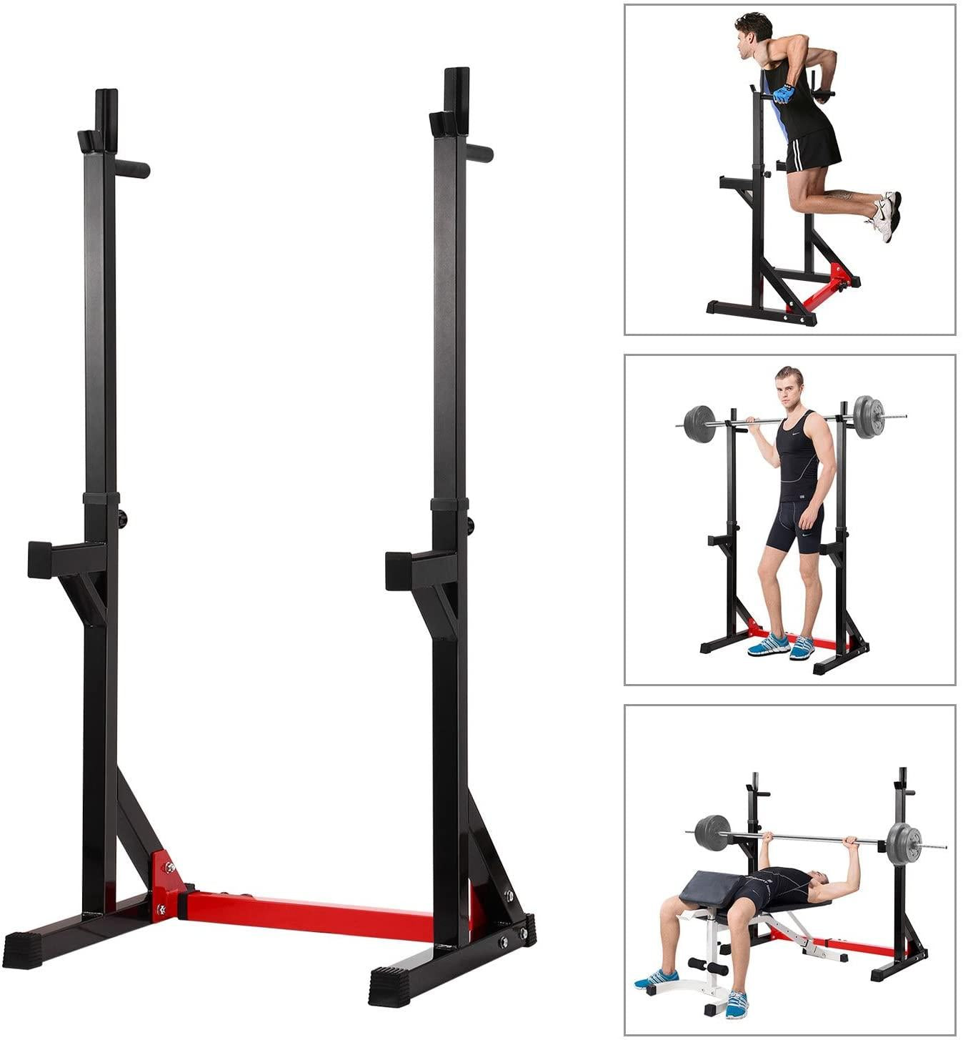 Ollieroo Multi-Function Adjustable Squat Rack 480LBS Capacity Barbell Rack Dip Stand Exercise Stand Gym Family Fitness Weight Lifting Rack Bench Press Dipping Station,Height Ran40.6" to 64.2"