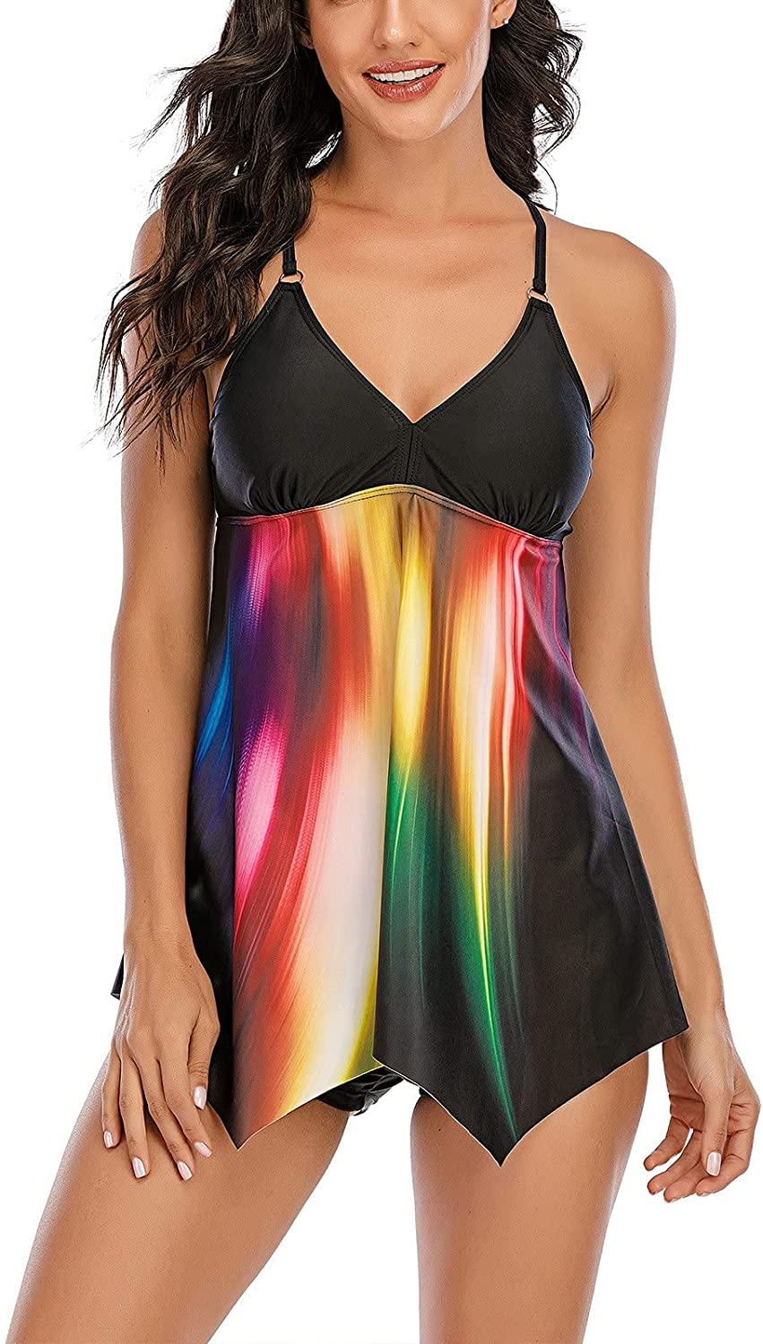 Women Strappy Tankini Set Two Piece Swimsuits Swimdress Floral Print Tank Top Swimming Suits