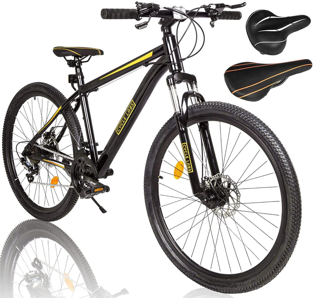 Cycle-Labs (US Based Business) 24, 26, 27.5 and 29 Inch Mountain Bike 21 Speed for Men Women Adult Hard Trail Front Suspension Disc Brakes Aluminum Steel Frame – Black and Yellow, Red, White