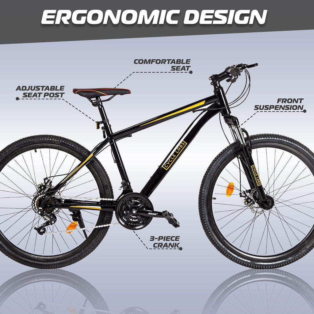 Cycle-Labs (US Based Business) 24, 26, 27.5 and 29 Inch Mountain Bike 21 Speed for Men Women Adult Hard Trail Front Suspension Disc Brakes Aluminum Steel Frame – Black and Yellow, Red, White
