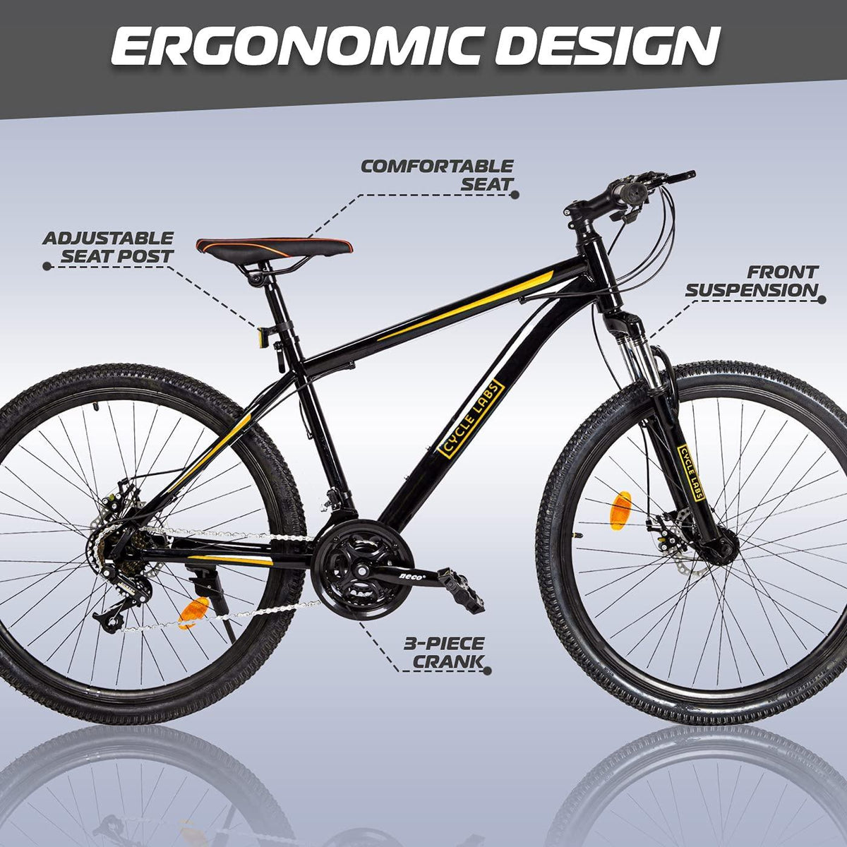 Cycle-Labs (US Based Business) 24, 26, 27.5 and 29 Inch Mountain Bike 21 Speed for Men Women Adult Hard Trail Front Suspension Disc Brakes Aluminum Steel Frame – Black and Yellow, Red, White