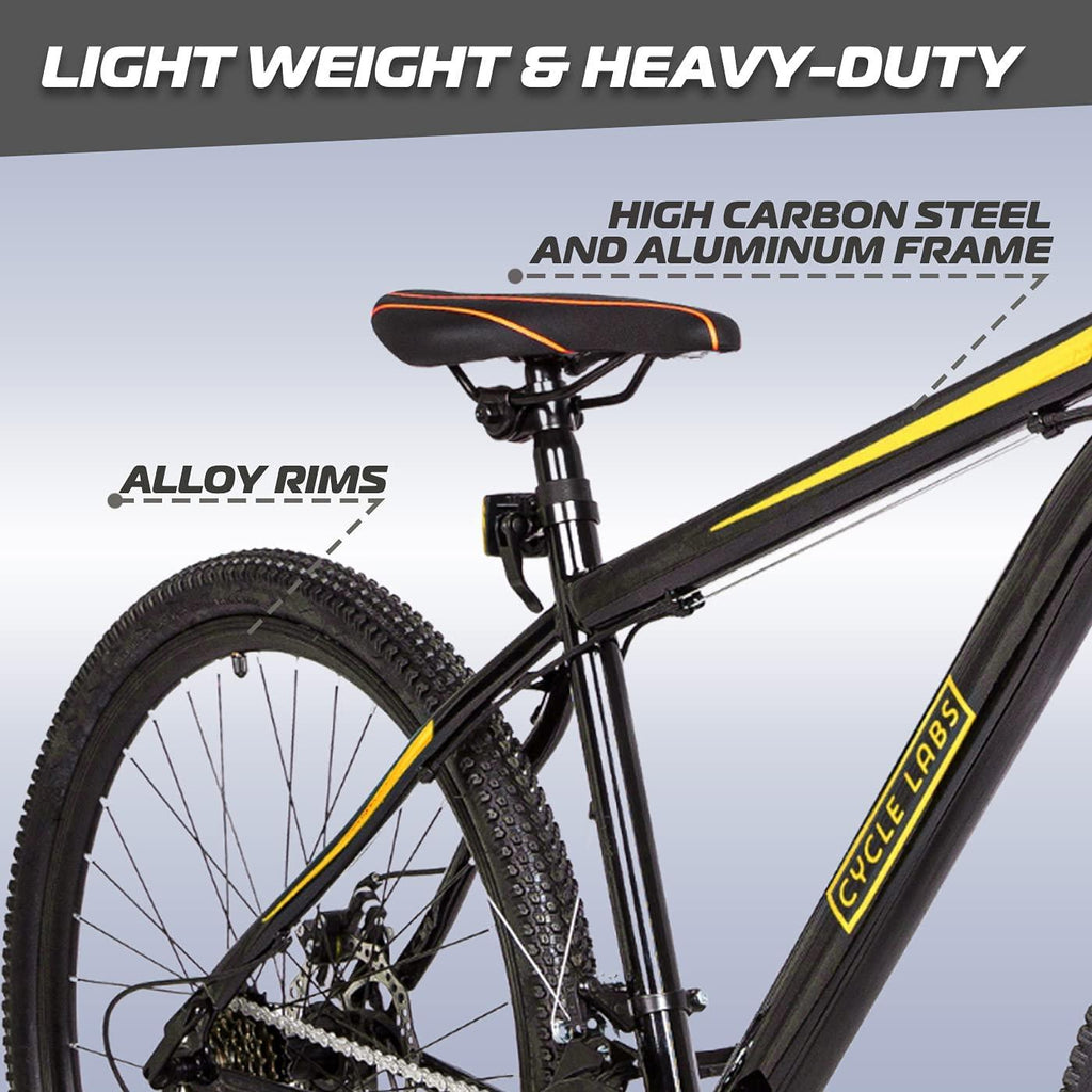 Cycle-Labs (US Based Business) 24, 26, 27.5 and 29 Inch Mountain Bike 21 Speed for Men Women Adult Hard Trail Front Suspension Disc Brakes Aluminum Steel Frame – Black and Yellow, Red, White