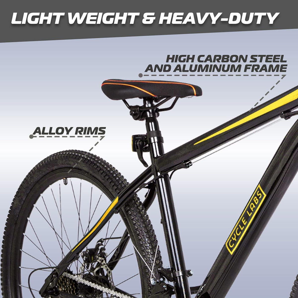 Cycle-Labs (US Based Business) 24, 26, 27.5 and 29 Inch Mountain Bike 21 Speed for Men Women Adult Hard Trail Front Suspension Disc Brakes Aluminum Steel Frame – Black and Yellow, Red, White
