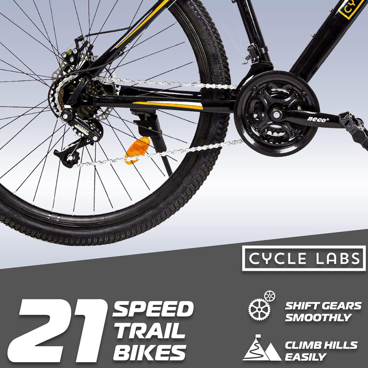 Cycle-Labs (US Based Business) 24, 26, 27.5 and 29 Inch Mountain Bike 21 Speed for Men Women Adult Hard Trail Front Suspension Disc Brakes Aluminum Steel Frame – Black and Yellow, Red, White