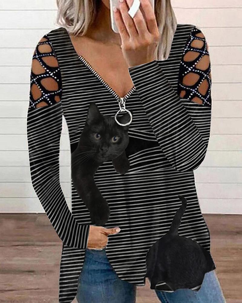 striped cat print rhinestone hollow out sleeve zip front top