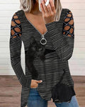 striped cat print rhinestone hollow out sleeve zip front top