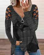 striped cat print rhinestone hollow out sleeve zip front top