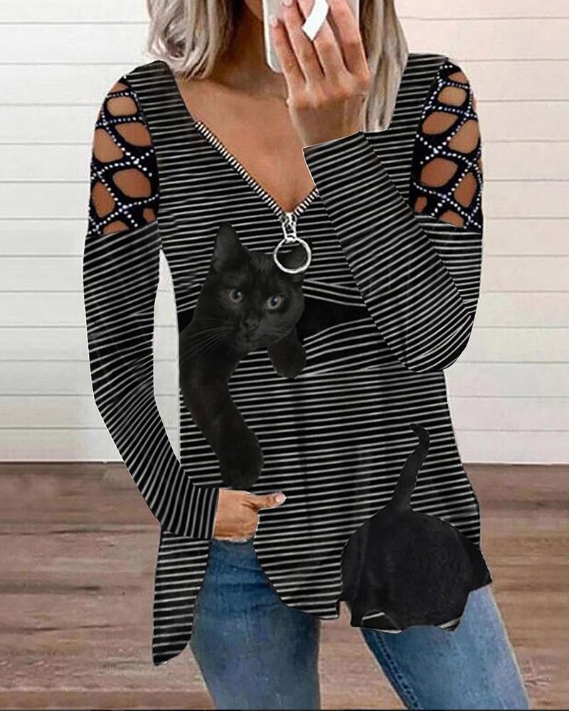 striped cat print rhinestone hollow out sleeve zip front top