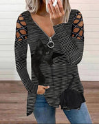striped cat print rhinestone hollow out sleeve zip front top
